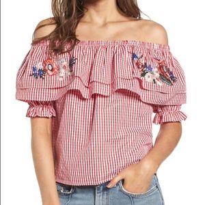 Lost + Wander Embroidered Gigham Off The Shoulder